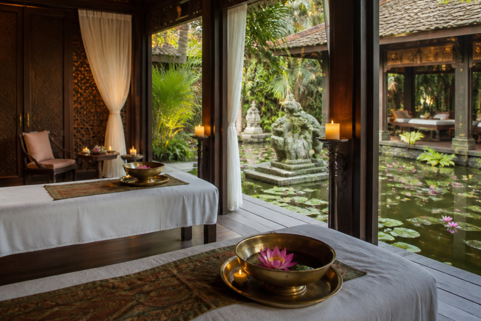 Southeast Asia hotel spa with lotus pond
